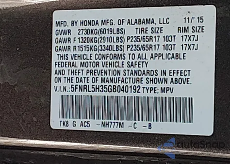 2016 Honda Odyssey Se z USA, uszkodzony, nr VIN 5FNRL5H35GB040192